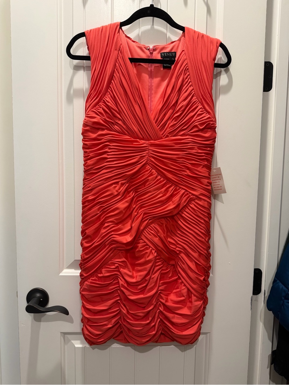 VENUS Coral Ruched V-Neck Mini Dress